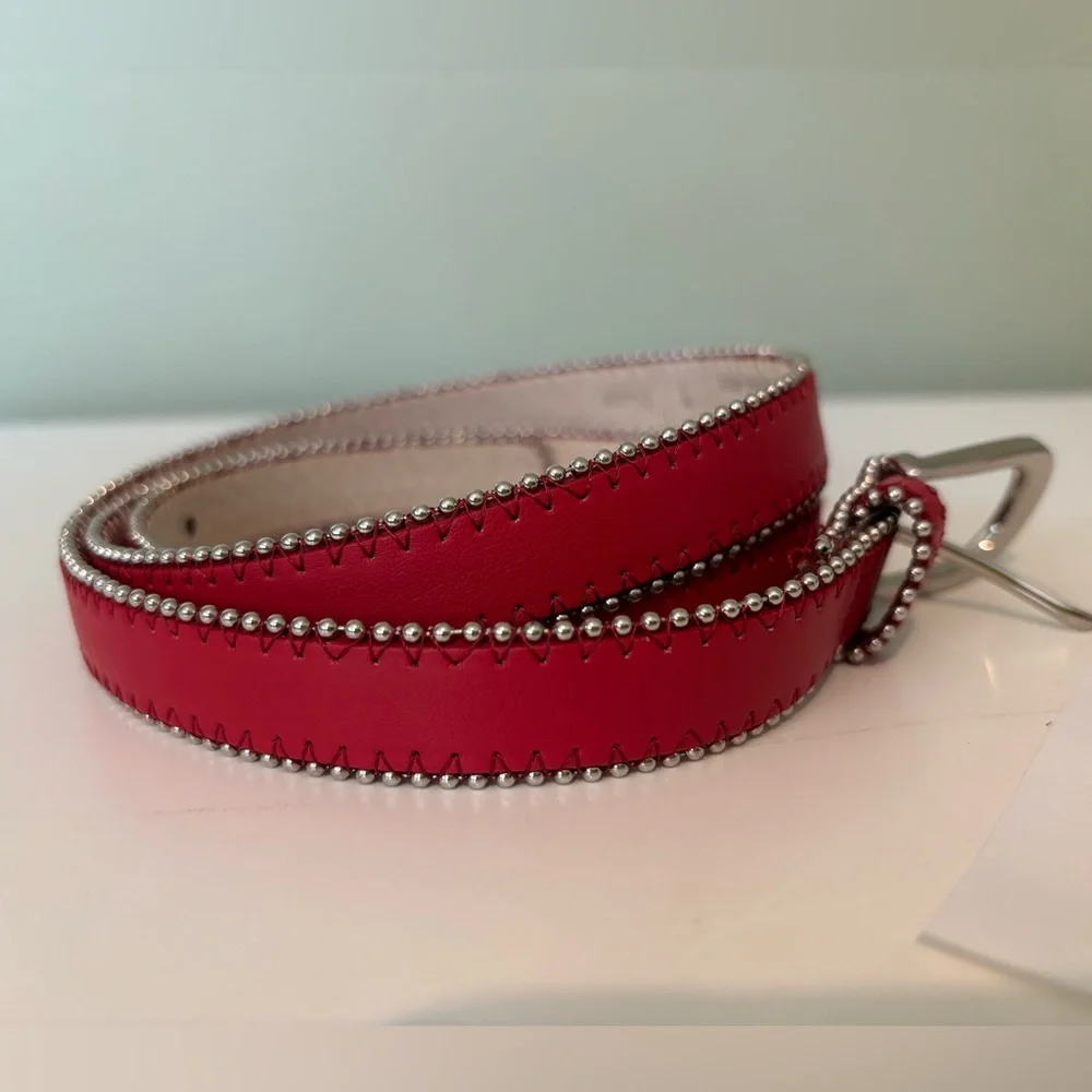 Red Beaded Trim Skinny Belt Size Large Leather Lined Silver Buckle